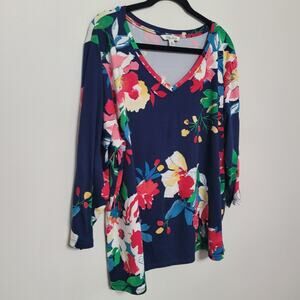 Pioneer Woman Women’s XXL Top Navy Floral V Neck 3/4 Sleeve Stretch VGUC